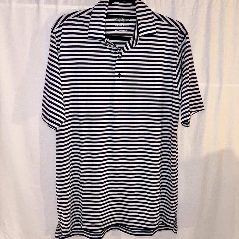 Bobby Jones Performance Men’s Medium Golf Polo Striped Shirt Blue & White EUC